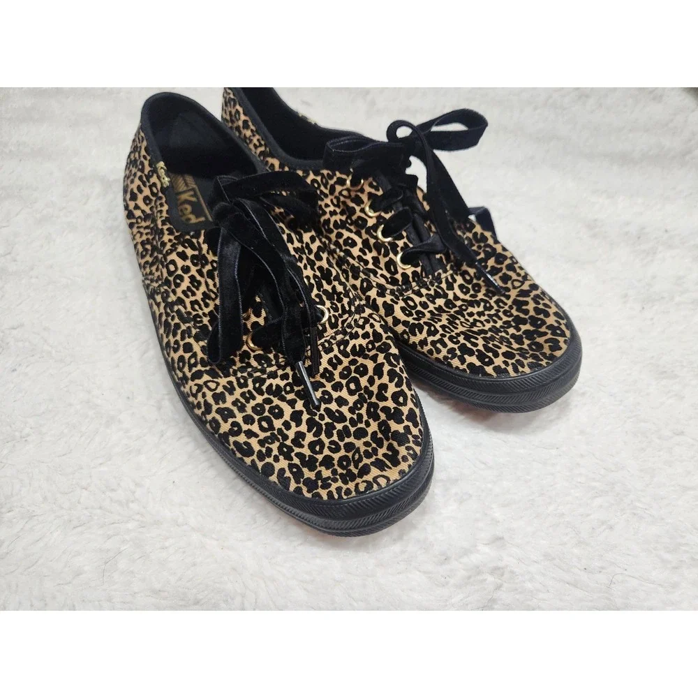 Keds Women's Leopard Print Sneakers Size 8 Black Velvet Laces Animal Pattern